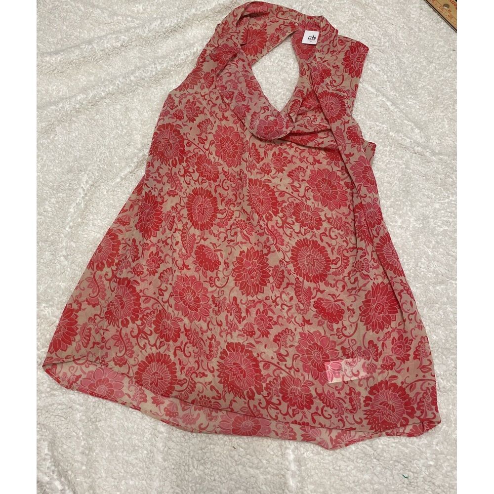 Cabi Vita Blouse Womens Small Draped Keyhole Pink Floral Sheer Top Sleeveless‎